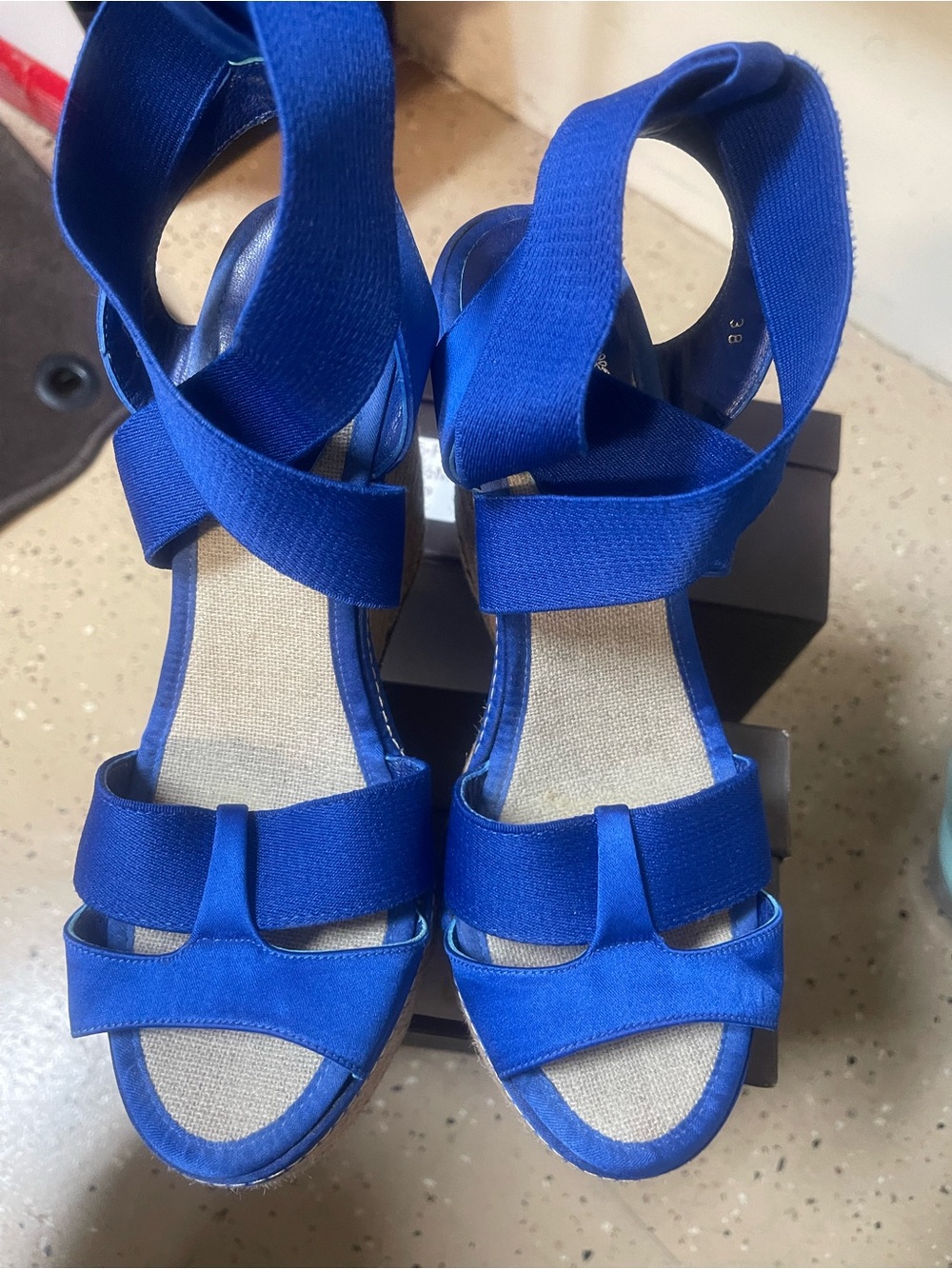 Elie Tahari Espadrilles Royal Blue Elastic Strap Wedge Sandals